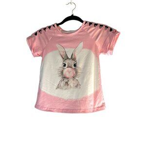 Girls Top T-Shirt  Pink with Bunny Cut out Shoulders Short Sleeve Size 3XL 8-10
